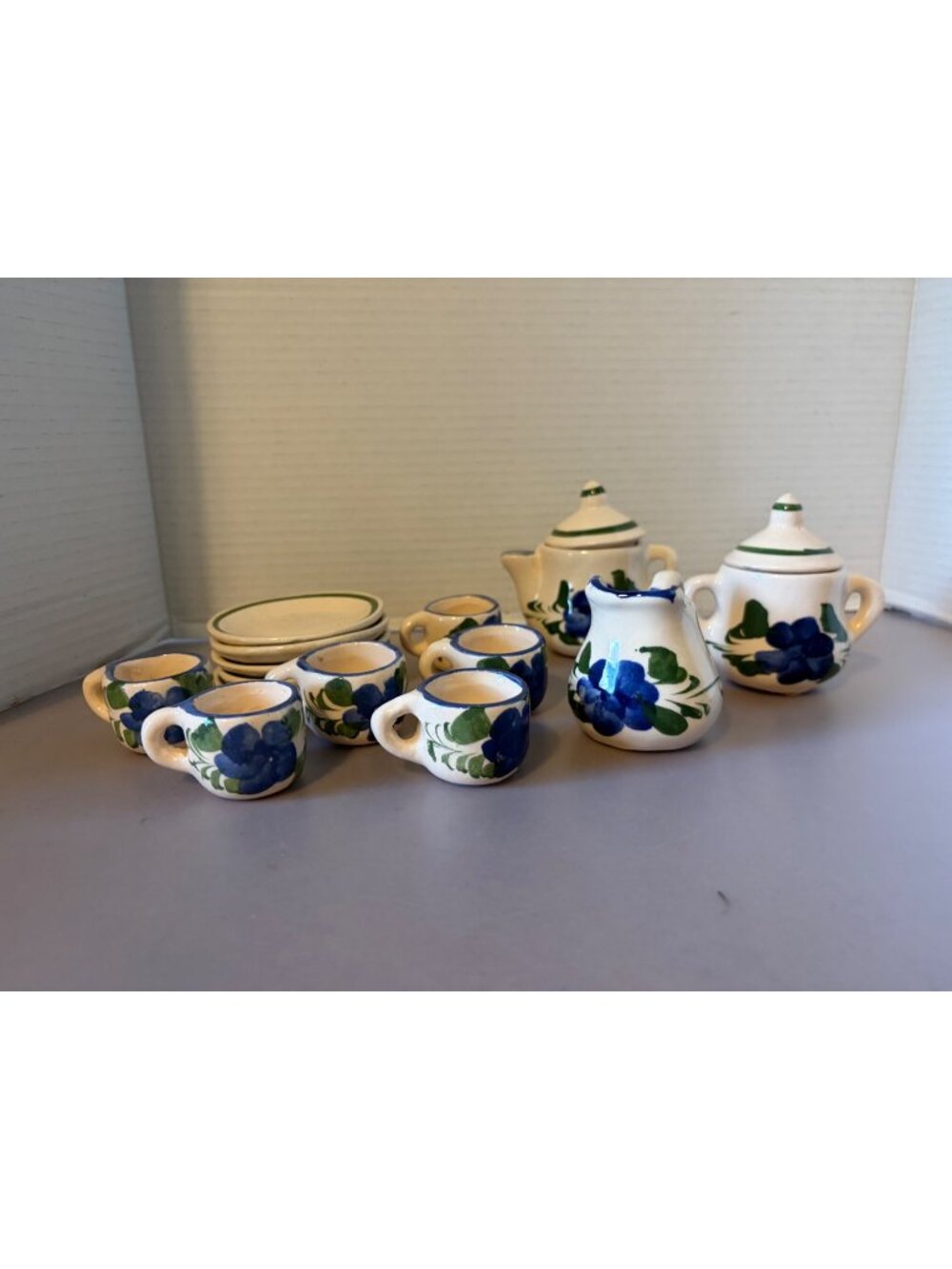 Hand-Painted Ceramic Mini Tea Set With Blue Floral Design Includes Teapot Sugar